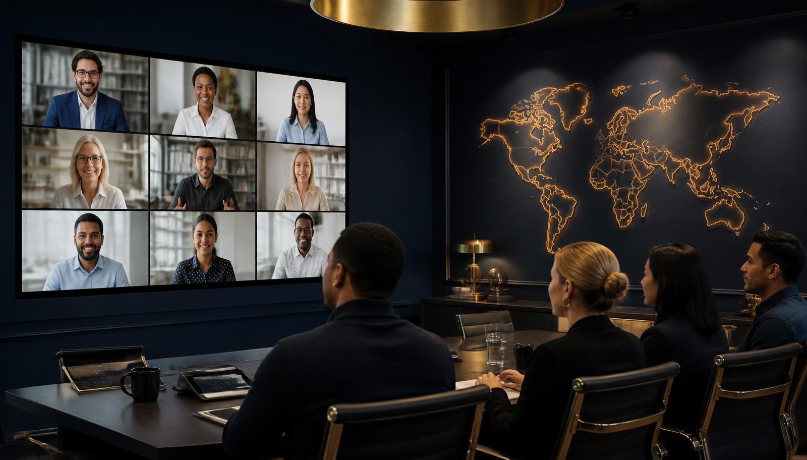 A distributed international team meeting on screen beside a world map
